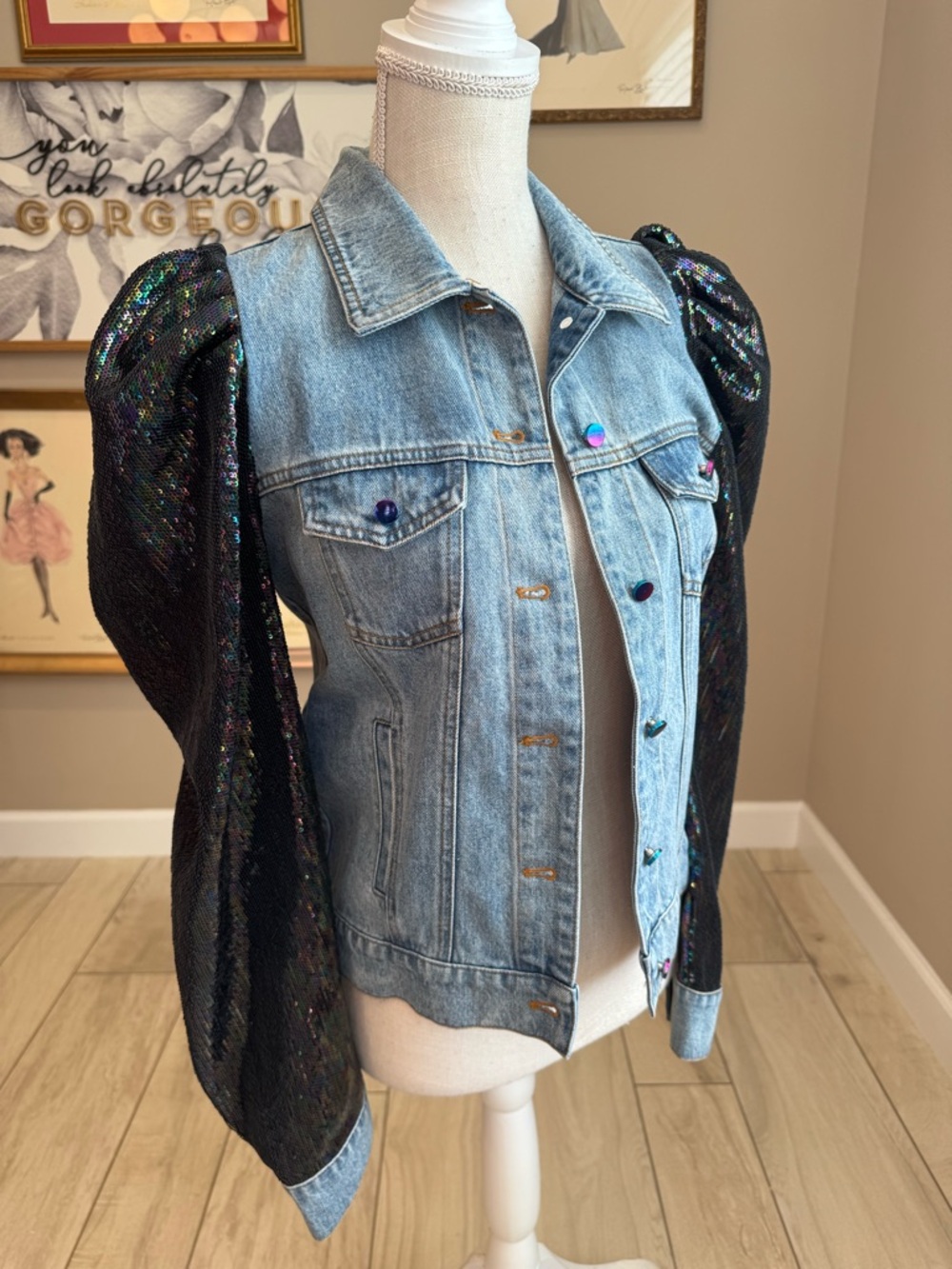 New! QUEEN OF SPARKLES Denim Jacket with Black Sequin Puff Sleeves - Picture 8 of 10